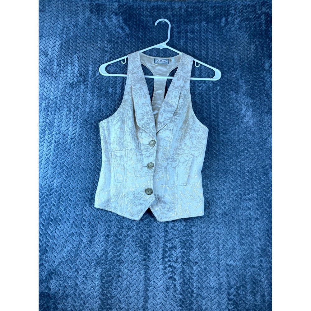 Vintage GUESS Waistcoat Womens Cream Gold Brocade Jacquard Metallic Vest S